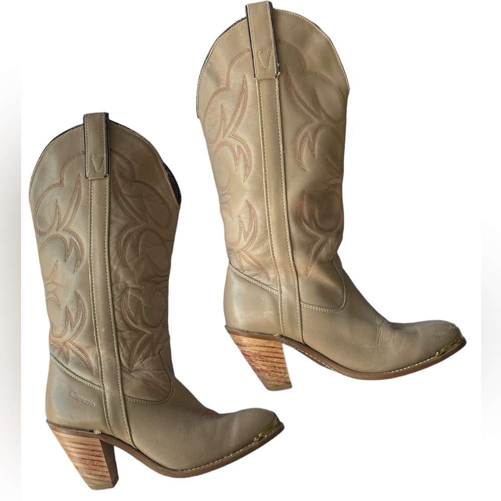 Capezio Tan Heeled Cowboy Boots with Gold Toe Plate